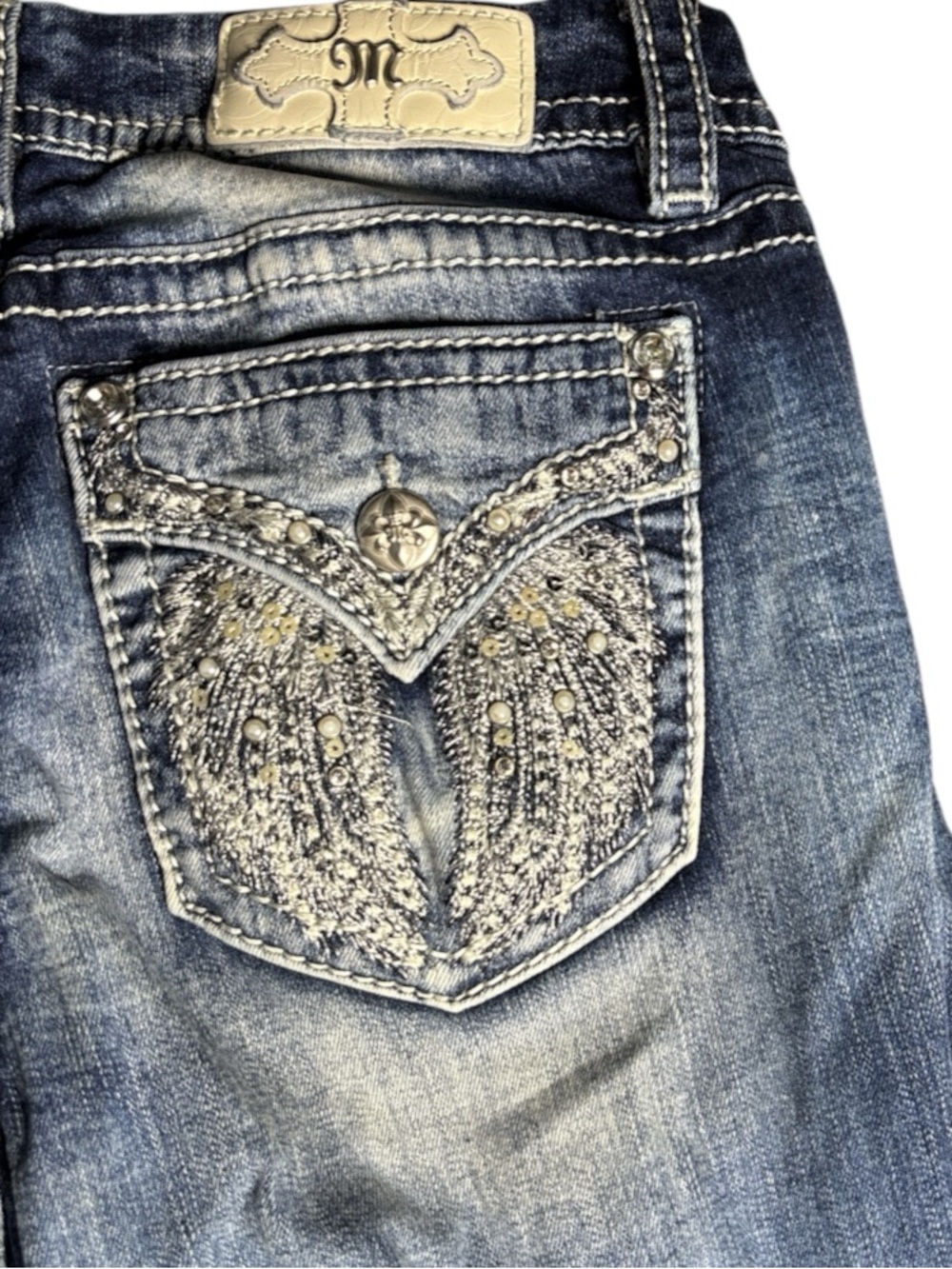 Miss Me Mid-Rise Easy Straight Cut Jeans in Faded Blue Embellished Wing Pocket